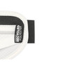 A close-up of a white and black waist pack featuring a recycled polyester tag and a grey mesh fabric section.