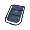 A navy blue travel pouch made from recycled materials, featuring multiple zippered compartments and an adjustable strap.