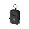 A small black pouch with a zipper and a keyring, featuring a logo and made from recycled materials.