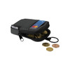 A small black pouch with a zipper, containing coins and a card, featuring a keyring attachment.