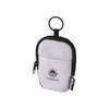 A small pouch in grey with a black zipper and a keyring attachment. Features a logo on the front.