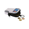 A small grey and black pouch made from recycled materials, containing coins and a card inside.