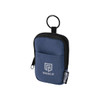 A small pouch in navy blue with a zip closure and a keyring attachment, featuring a logo.