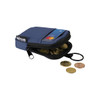 A small blue pouch with a zipped opening containing coins, a card, and a keyring attachment. It features a logo.