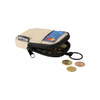 A small beige pouch made from recycled materials, with a zip opening and keyring, containing coins and a card.
