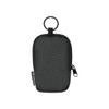 A small black pouch with a ring for attachment, featuring a zip closure and a branded tag.