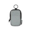A small grey pouch made from recycled polyester, featuring a zip closure and a keyring attachment.