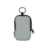 A grey recycled small pouch with a zip and a loop at the top. Features a branding logo.