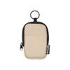 A small pouch made from recycled materials, featuring a beige body, black accents, and a keyring attachment.
