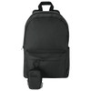 A black backpack with a front pocket and a small pouch attached via a keyring. It features a branding logo.