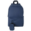 A navy blue backpack with a smaller matching pouch attached. The pouch is designed for convenience and portability.