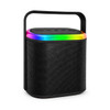 A portable black Bluetooth speaker with a handle and a multi-coloured light strip on top.