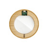 A wireless charger with a round bamboo design and a sleek glass surface, featuring a visible circuit board.