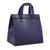 A navy blue cooler bag with sturdy handles and a structured design, featuring a logo.