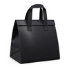 A black cooler bag with sturdy handles and a structured design, featuring embossed detailing and a smooth finish.