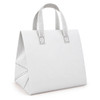 A white cooler bag with structured sides and patterned handles. It features a simple design and includes a logo.