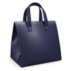 A navy blue cooler bag with sturdy handles and a structured design. It features a logo on the front.