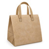 A tan cooler bag with patterned handles, featuring a structured design and a branded logo.