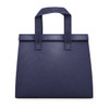 A navy cooler bag with two textured handles and a structured design. It features a logo on the front.