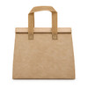 A tan cooler bag with a flat design and two woven handles, featuring a simple and minimalist look.