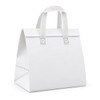 A white cooler bag with sturdy handles and a structured design, featuring a logo on the front.