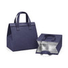 A navy blue cooler bag with sturdy handles and an insulated interior. It has a square shape and is fully closed.