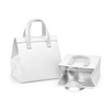A white cooler bag with handles, featuring an insulated interior and a structured design. It includes a logo.