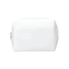 A white toiletry bag with a zipper closure and a logo. Compact and rectangular in shape.