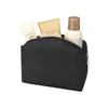 A black toiletry bag containing small bottles and tubes of personal care products. It features a zip closure and has a logo.