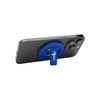 A blue recycled plastic magnetic phone stand with a bottle opener attached, featuring a logo.