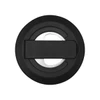 A black recycled plastic magnetic phone stand featuring a bottle opener. It has a circular design with a metallic opener.