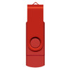 A red dual flash drive with a swivel design and a single attachment loop.