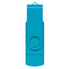 A teal Helix 8GB dual flash drive with a swivel design and a circular button. It features a logo on one side.