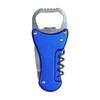 A drink bottle opener with a blue metallic handle, featuring a corkscrew and a bottle cap opener. Includes a logo.