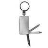 A silver multi-tool keyring featuring multiple small tools and a keyring attachment.