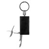 A black multi-tool keyring featuring scissors and other tools, attached to a metal ring.