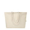 A cream beach tote bag with thick rope handles, featuring a logo.