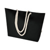 A black tote bag with thick white rope handles, featuring a logo on the side.