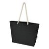 A black recycled beach tote bag with white rope handles and a logo. Simple and spacious design for carrying items.