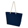 A navy blue tote bag with a rope handle and a simple design, featuring a logo. Ideal for carrying essentials.