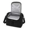 A black cooler bag with a silver interior, featuring a zippered top and adjustable shoulder strap.