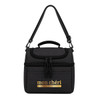 A black cooler bag with a shoulder strap and a top handle, featuring a front zipper and a logo.