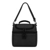 A black cooler bag with a zippered top, adjustable strap, and handle, featuring a front pocket and branding.