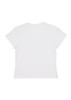 A white baby tee with short sleeves and a simple design, featuring a branding logo.