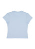 A light blue women's baby tee with short sleeves, featuring a branded logo on the back.