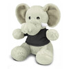 A soft grey elephant plush toy wearing a black shirt, featuring large ears and a friendly expression.