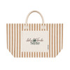 A tan and cream striped tote bag features a front pocket and handles, with a subtle logo displayed.