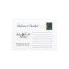 A postcard featuring a palm tree design, with a green and white colour scheme and a space for writing.