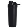 A drink bottle in matte black with a secure lid and a built-in shaker mechanism, featuring a logo.