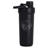 A drink bottle in matte black with a secure screw-on lid and a logo on the side.